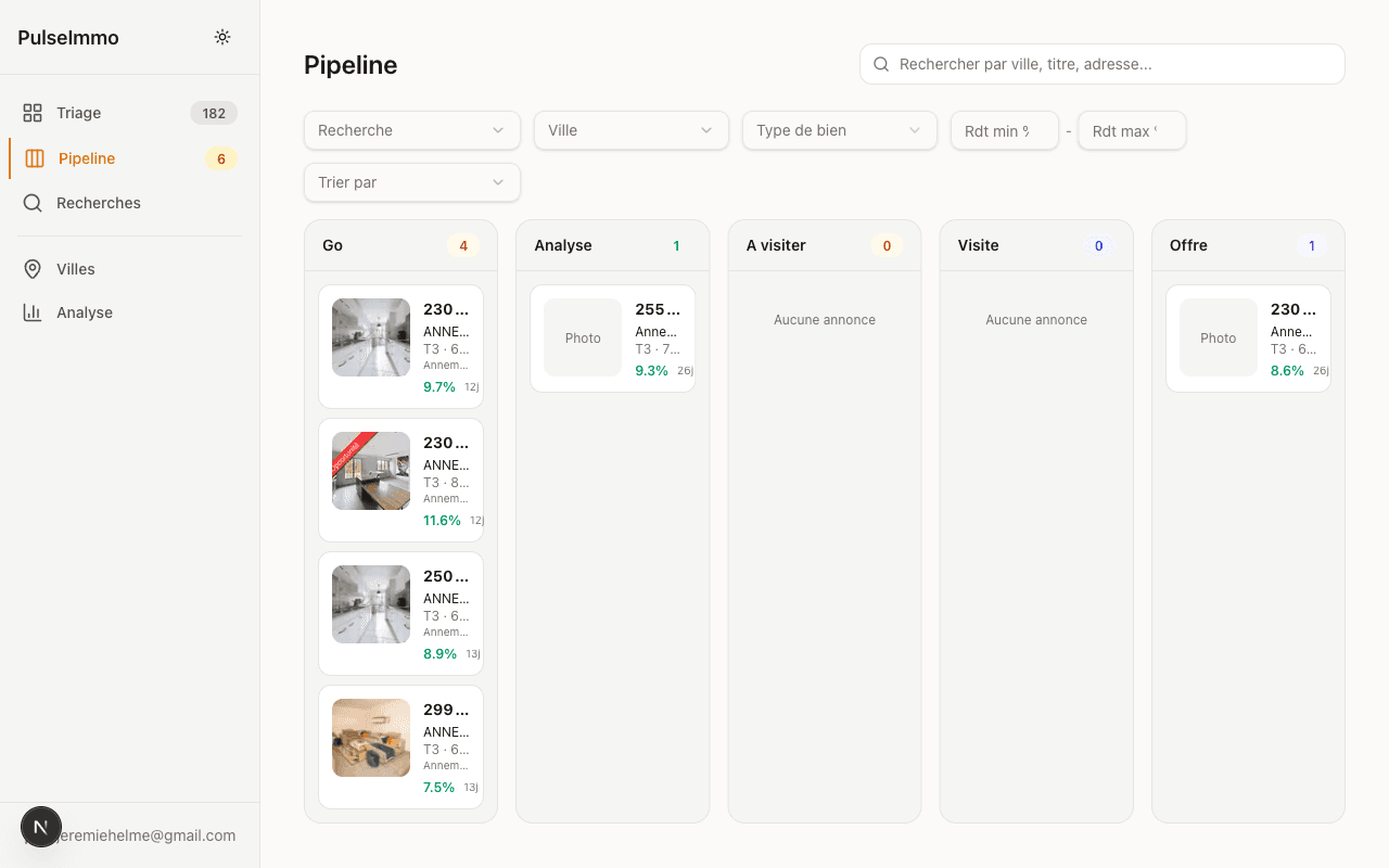 Pipeline Kanban — suivez vos biens de l'identification à l'offre
