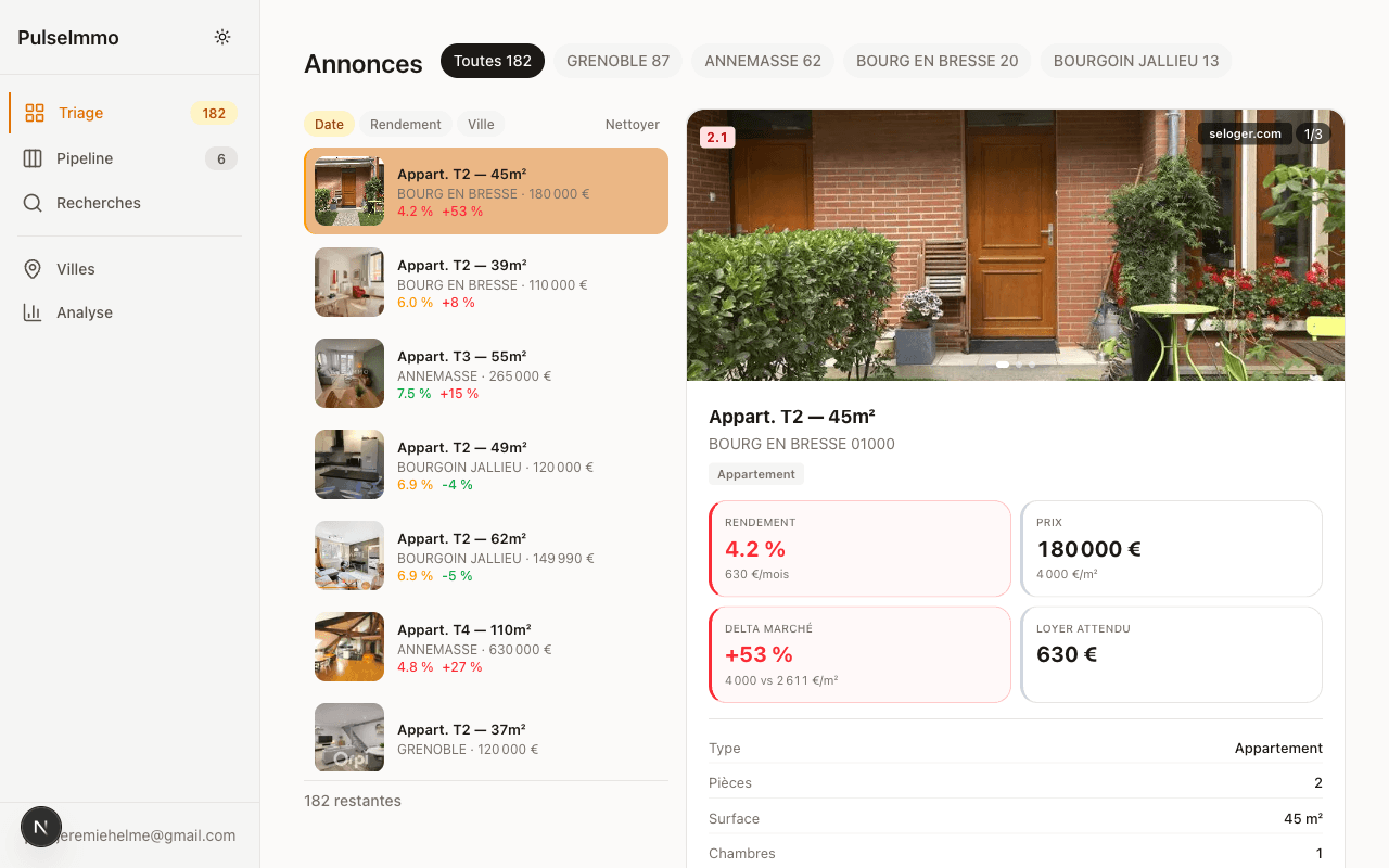 Interface de triage PulseImmo — évaluez vos annonces immobilières